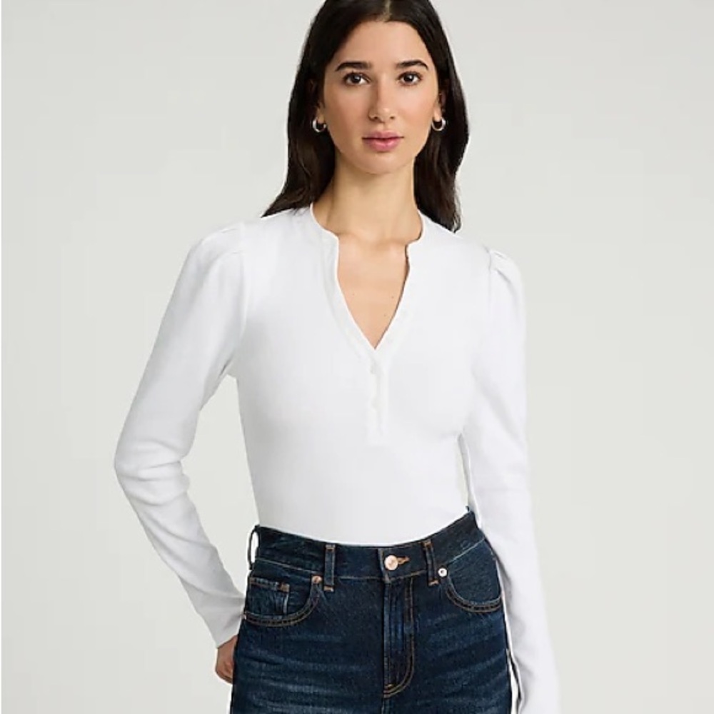 NWT Express Ribbed Puff Sleeve Button Front Henley Thong Bodysuit White Size L